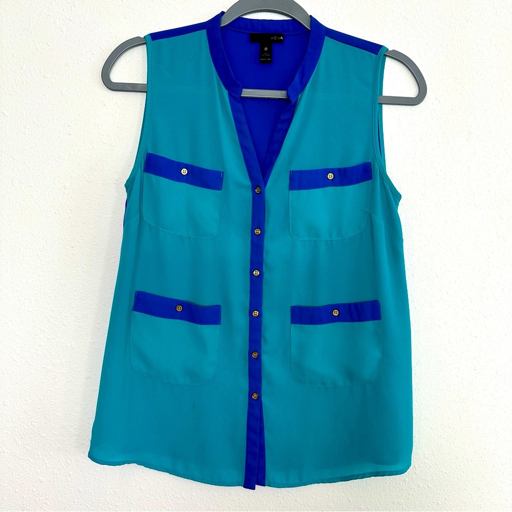 Aqua semi-sheer teal & royal blue sleeveless top